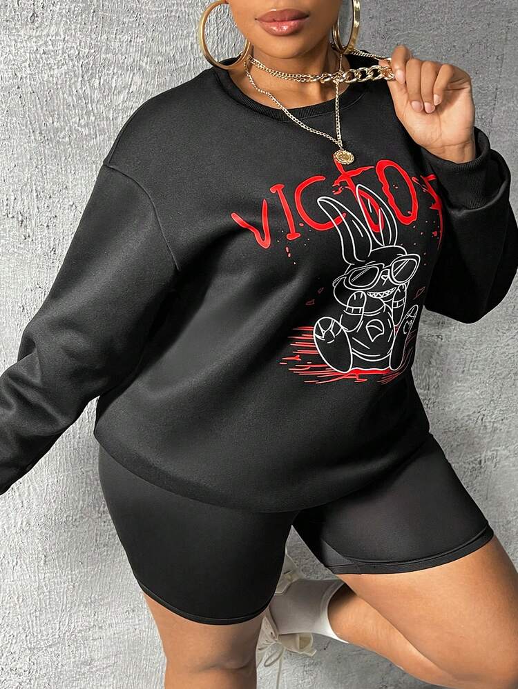 Plus Cartoon & Letter Graphic Drop Shoulder Sweatshirt