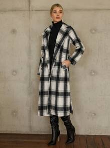 SHEIN Essnce Plaid Print Double Breasted Belted Overcoat - Multicolor - View 4