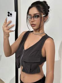 SHEIN Unity 休閒口袋 拉鍊純色女士夾克 - 軍綠色 - 查看 3