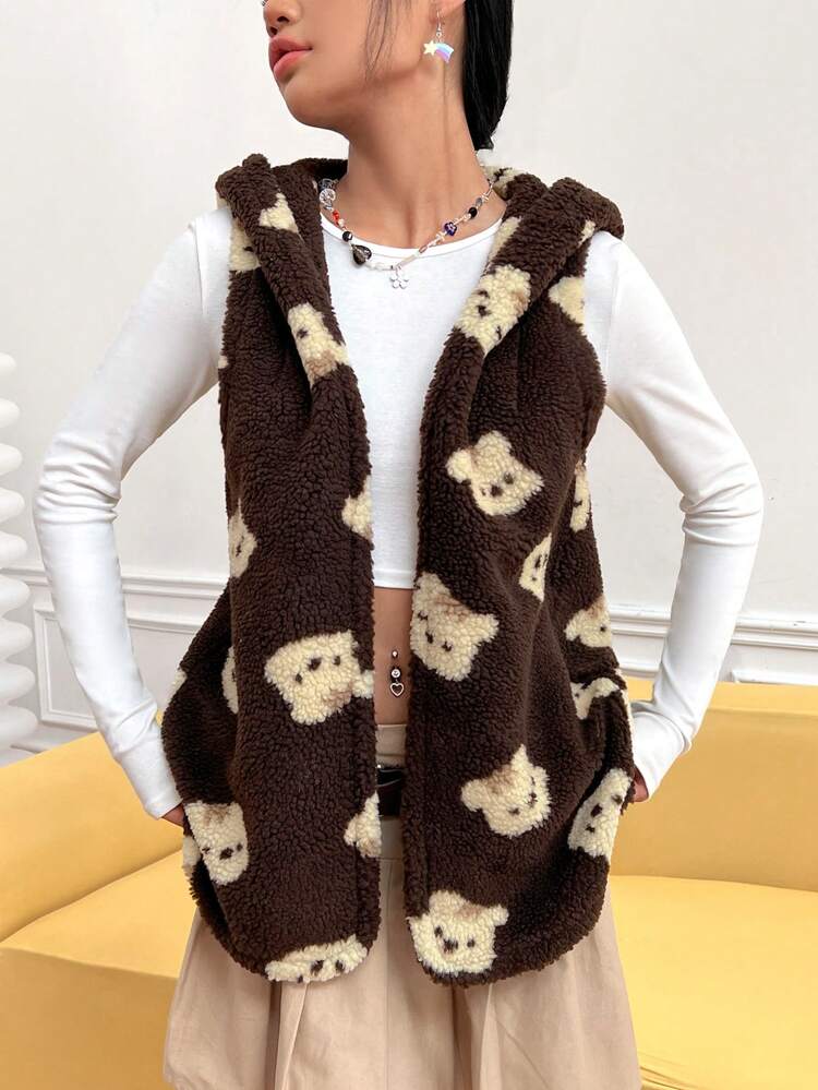 Bear Pattern Hooded Teddy Vest Coat
