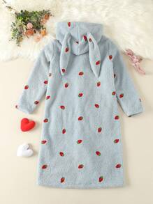 Tween Girl Strawberry Embroidery 3D Ears Design Hooded Flannel Sleep Robe - Blue - View 2