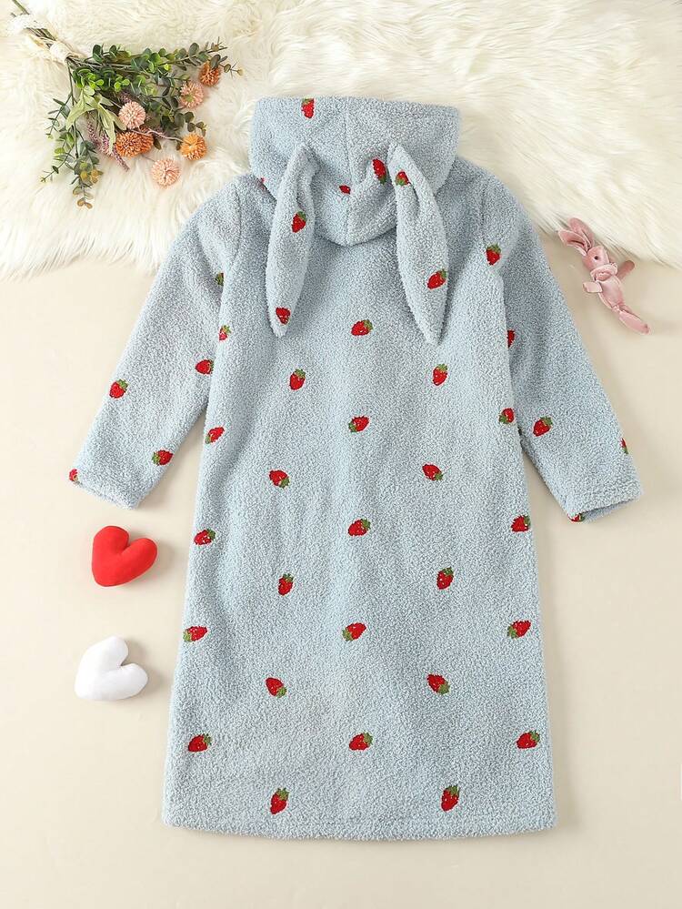 Tween Girl Strawberry Embroidery 3D Ears Design Hooded Flannel Sleep Robe