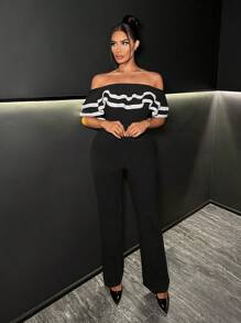 SHEIN SXY Off Shoulder Contrast Piping Ruffle Trim Jumpsuit - Black - View 5