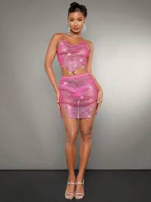 SHEIN BAE 優雅性感的透明半身裙 - 玫紅色 - 查看 1