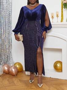 SHEIN Lady Plus Split Thigh Velvet Dress - Blue - View 3