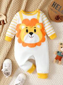 2025 Baby Boy Casual Comfortable Lion Print Striped Long Sleeve Open Shoulder Jumpsuit - Multicolor - View 1