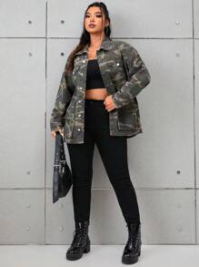 SHEIN ICON Plus Camo Print Drop Shoulder Denim Jacket - Multicolor - View 4