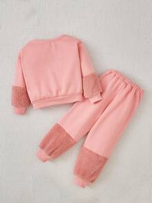 SHEIN Young Girl Cartoon Graphic Teddy Panel Hoodie & Sweatpants - Multicolor - View 2