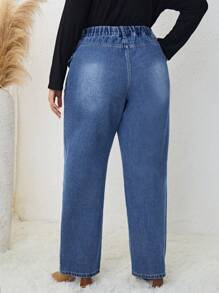 SHEIN LUNE 大碼高腰側翻蓋口袋牛仔褲 - 藍色 - 查看 3