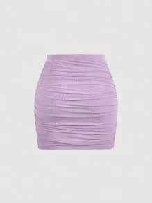 SHEIN MOD 素色褶邊交叉圍裹褶邊包臀半身裙 - 紫色 - 查看 2