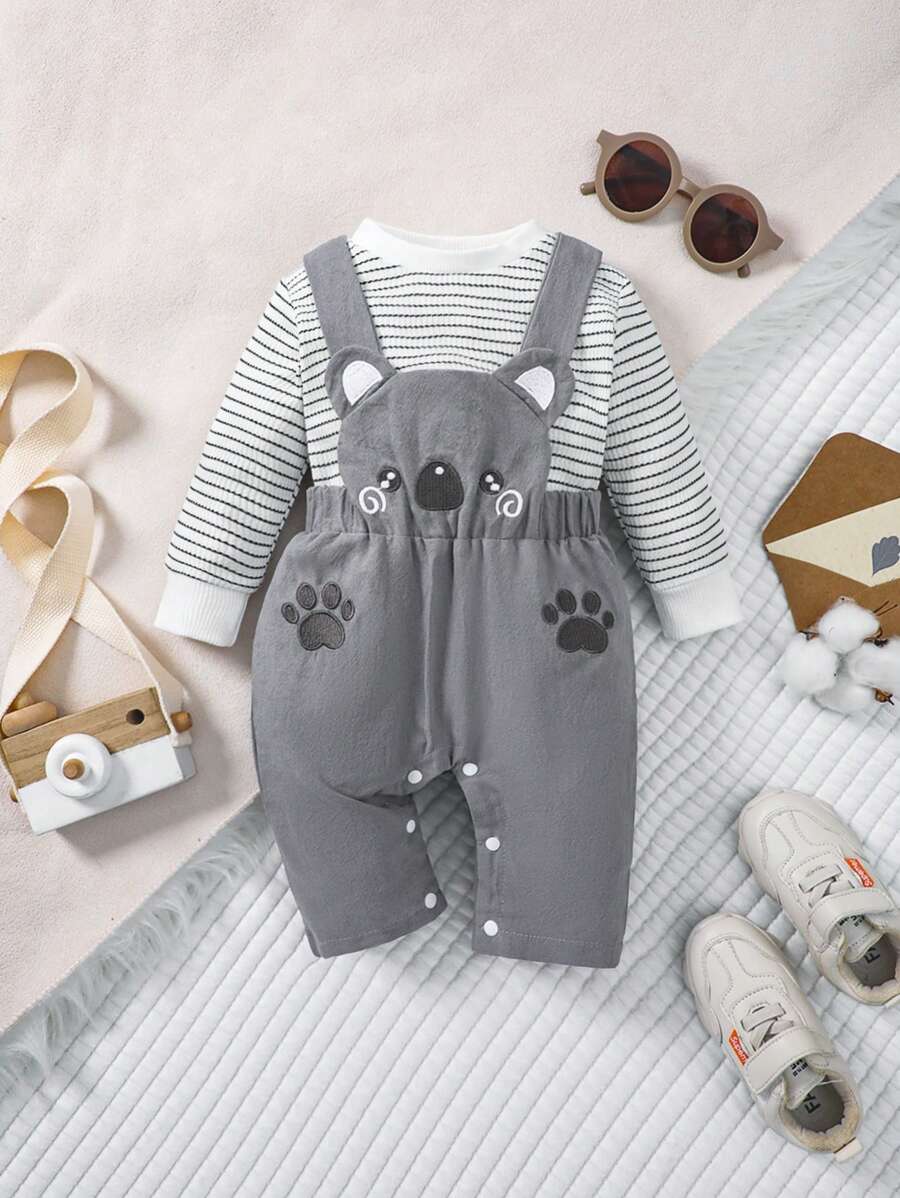 SHEIN Baby Boy Striped Tee & Cartoon Graphic 3D Ear Design Jumpsuit for