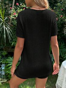 SHEIN Maternidad Shorts con camiseta unicolor tejido de canalé - Negro - Ver 2