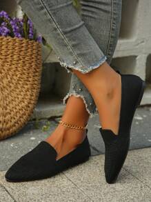 2025 秋季大码 36-45 新款时尚优雅银色蝴蝶结尖头平底乐福鞋，休闲一脚蹬轻便舒适防滑包头女式平底鞋，多种图案 - 黑色 - 查看 3