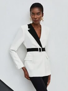 Maija Contrast Panel Flap Detail Blazer With Belt - Black and White - View 6