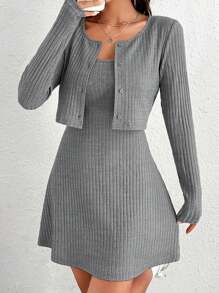 SHEIN EZwear 條紋針織吊帶洋裝&前紐扣夾克