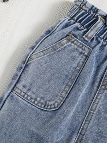 SHEIN 女嬰紙袋腰口袋貼布直筒牛仔褲 - 中等水洗藍 - 查看 3