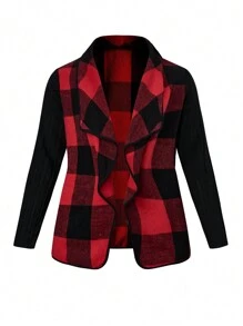 SHEIN LUNE Plus Buffalo Plaid Print Open Front Coat - Red - View 1