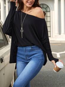 SHEIN LUNE 素色不對稱領蝙蝠袖T恤 - 黑色 - 查看 5