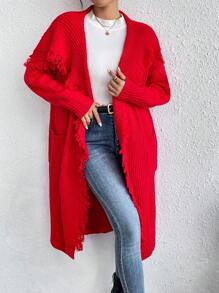 SHEIN Essnce Túi Kép Viền rìa Thả vai Áo len Duster - Đỏ - Xem 1