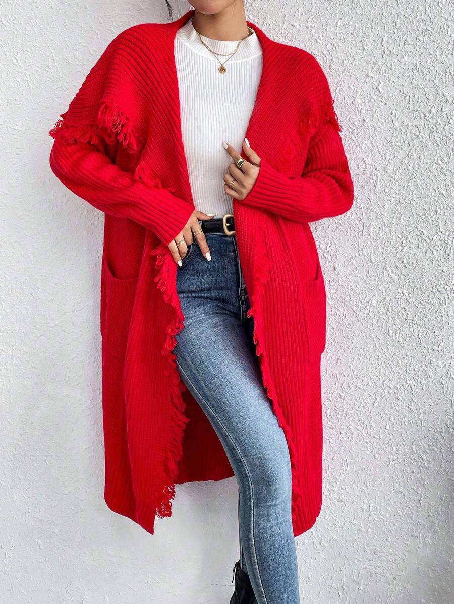 SHEIN Essnce Túi Kép Viền rìa Thả vai Áo len Duster - Đỏ - Xem 1