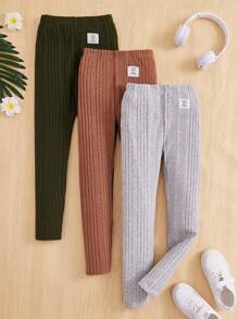 SHEIN Tween Girl 3pcs Letter Patched Detail Ribbed Knit Leggings - Multicolor - View 1
