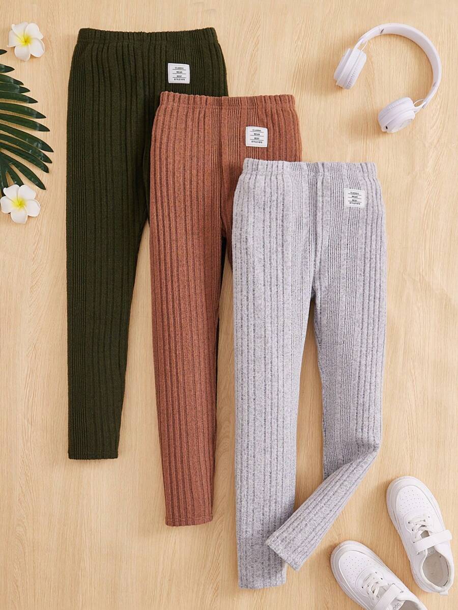SHEIN Tween Girl 3pcs Letter Patched Detail Ribbed Knit Leggings - Multicolor - View 1