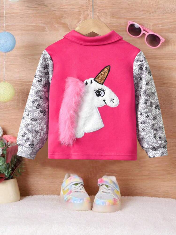Young Girl Unicorn Print Fuzzy Trim Jacket