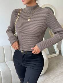 Chiquease Mock Neck Ribbed Knit Pullover Fall Winter Sweater - Mocha Brown - View 4