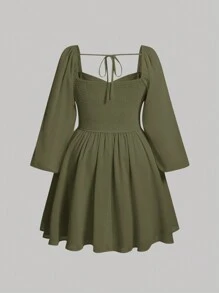 SHEIN MOD Plus Sweetheart Neck Lantern Sleeve Ruched Bust Tie Back Ruffle Hem Dress - Army Green - View 2