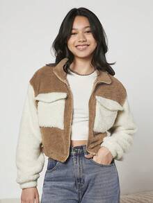 Thiếu niên cô gái Khối màu Túi có nắp Thả vai Áo Teddy Jackets - Nhiều màu - Xem 3