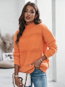 SHEIN LUNE 小高領落肩袖毛邊套頭毛衣 - 橘色 - 查看 6