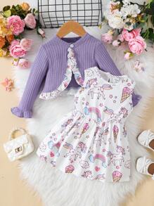 女嬰荷葉邊荷葉袖夾克&獨角獸印花洋裝 - 紫色 - 查看 1