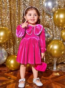 SHEIN Baby Girl Statement Collar Lantern Sleeve Velvet Dress - Hot Pink - View 1