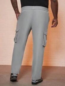 Manfinity Homme Loose Fit Men's Plus Size Cargo Pants With Flap Pockets, Side Drawstring Waist Design