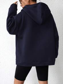 SHEIN EZwear Capucha con estampado de letra con cremallera de hombros caídos con cordón con forro térmico - Azul Marino - Ver 2
