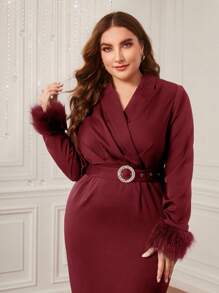 Modelyn 勃艮第红色加大码毛绒袖口翻领系带连衣裙长款晚礼服 - 酒紅色 - 查看 4