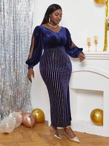 SHEIN Lady Plus Split Thigh Velvet Dress - Blue - View 6