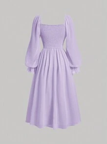 SHEIN MOD Váy cổ vuông tay bèo nhún ngực tay đèn lồng màu tím, váy màu pastel cho nữ, váy màu hoa oải hương - Màu tím - Xem 2