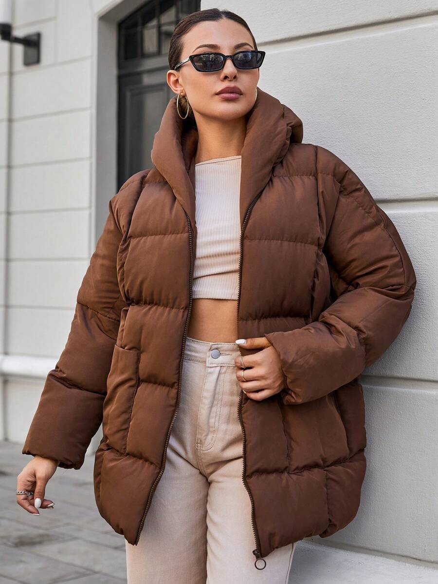 RueChic Zip Up Puffer Coat - Brown - View 1