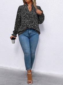 SHEIN Clasi Hơn In Toàn bộ tay áo lá sen Áo sơ mi - màu đen - Xem 4