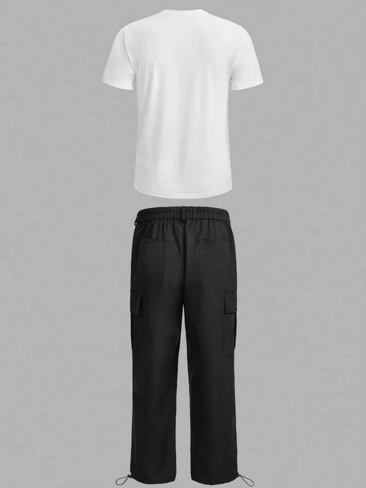 Men Letter Graphic Tee & Flap Pocket Side Pants