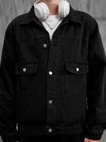 Manfinity Men Flap Pocket Denim Jacket - Black - View 5