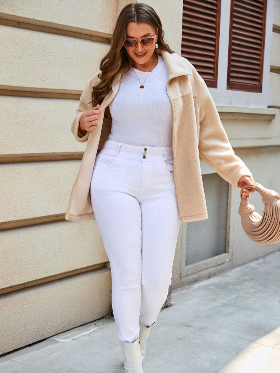 SHEIN Essnce Hơn Dây kéo Thả vai Áo khoác Teddy - Màu be - Xem 1