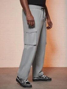 Manfinity Homme Loose Fit Men's Plus Size Cargo Pants With Flap Pockets, Side Drawstring Waist Design