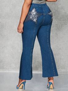 SHEIN BAE Plus Rhinestone Star Pattern Flare Leg Jeans - Blue - View 2
