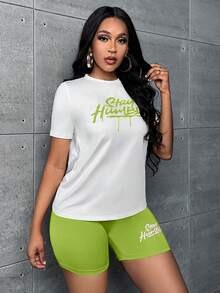 Slaydiva Letter Graphic Tee & Biker Shorts - Green - View 8