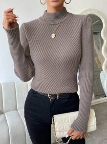 Chiquease Mock Neck Ribbed Knit Pullover Fall Winter Sweater - Mocha Brown - View 1
