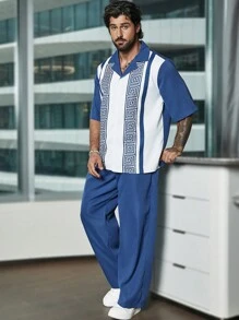 Manfinity Homme 男士大码幾何印花襯衫和褲子 - 藏蓝色 - 查看 3