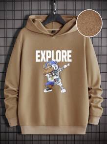 GENTILAND Men Bear & Letter Graphic Thermal Lined Hoodie - Brown - View 1