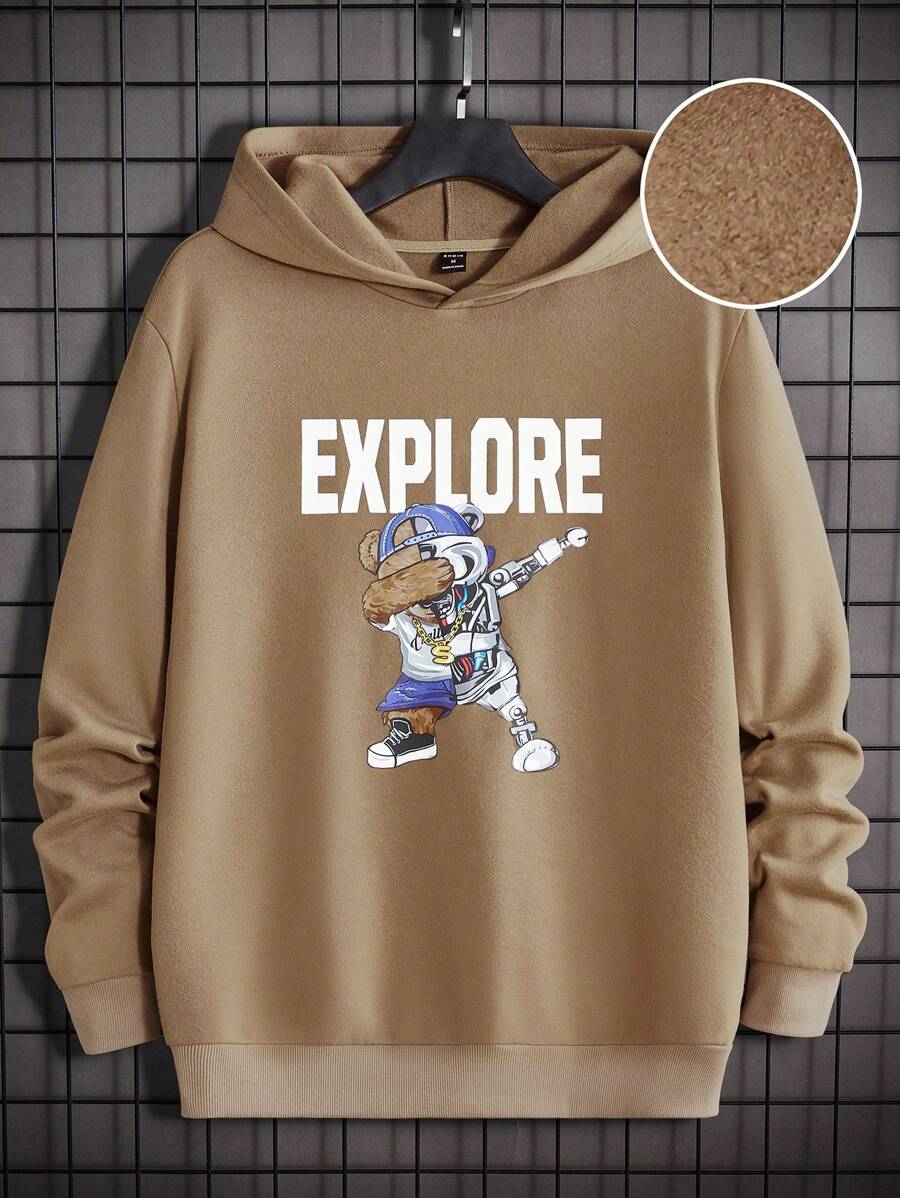 GENTILAND Men Bear & Letter Graphic Thermal Lined Hoodie - Brown - View 1